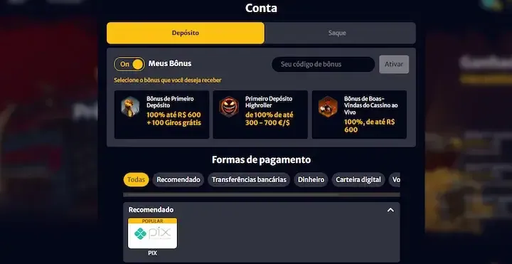 Janela de depósito da Hellspin com bônus e método PIX